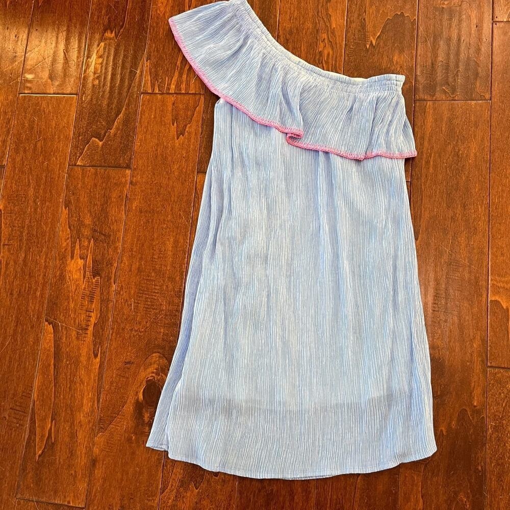 LILLY PULITZER Emmeline Dress Seersucker Lapis Blue Off One Shoulder Mini Sz S - Picture 5 of 9